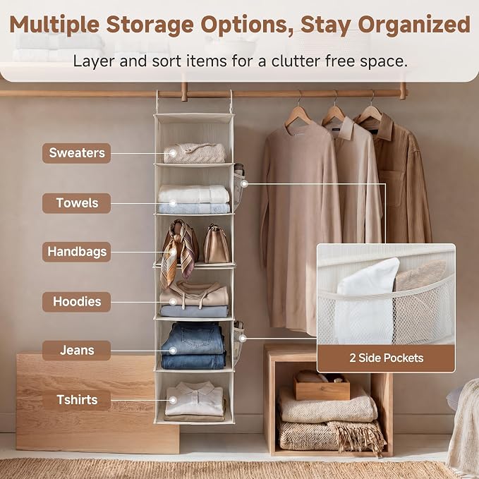 StorageWorks 6-Shelf Closet Organizers, Two 3-Shelf Separable Hanging Shelves for Closet, 12 1⁄2" D x 12 1⁄2" W x 47 ¼" H, Mixing of Beige, White & Ivory