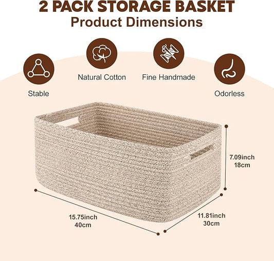 OIAHOMY Storage Basket for Shelves, Closet Cube Storage Bins Baskets for Clothes Blanket Towels, Baby Nursery, Toy Baskets Box, Woven Rope Basket, 15.75 * 11.81 * 7.09 IN, 2 Packs Brown