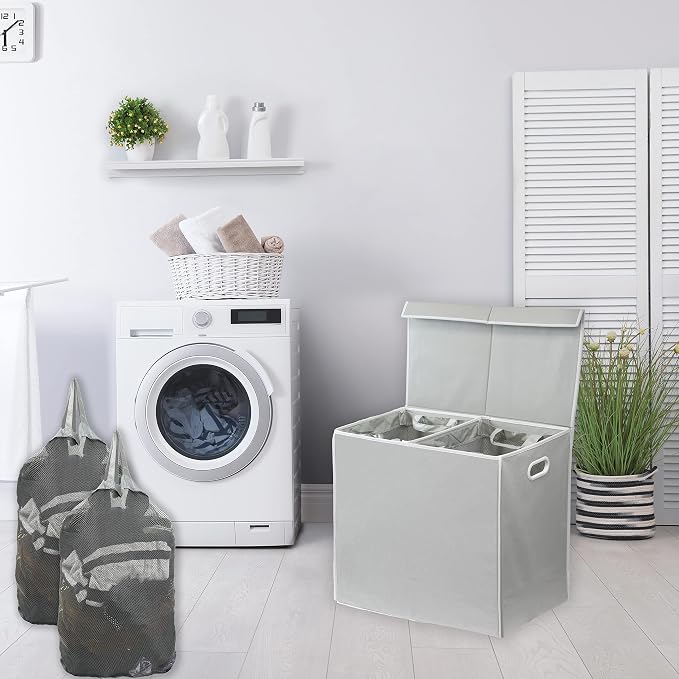 Simple Houseware Double Laundry Hamper with Lid & Removable Bags, Grey