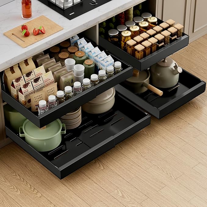 PAKETA 1 Pack Expandable Pull Out Cabinet Organizer,21" Deep | Pull Out Drawers for Cabinets with width from 12" to 20",Sliding Drawers for Cabinets with Upgrade 3 Slide Rails,hold 65 lbs