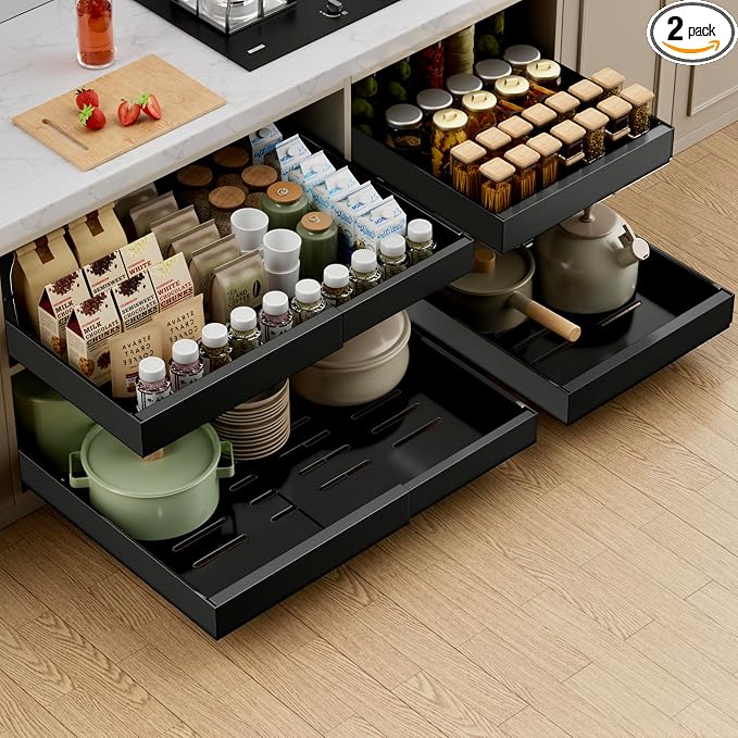 PAKETA 2 Pack Expandable Pull Out Cabinet Organizer,21" Deep | Pull Out Drawers for Cabinets with width from 12" to 20",Sliding Drawers for Cabinets with Upgrade 3 Slide Rails,hold 65 lbs