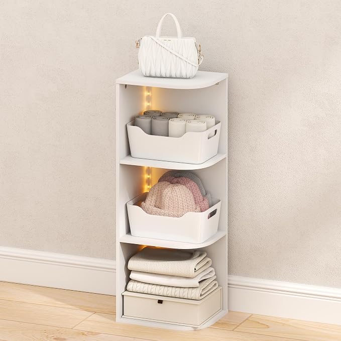 Furinno PASIR Corner Closet Organizer with LED Lights, 3-Tier, White | 9.3 x 12 x 31.5, LED Closet Organizers and Storage, Open Shelves Closet Storage for Wardrobe, Bedroom, Entryway
