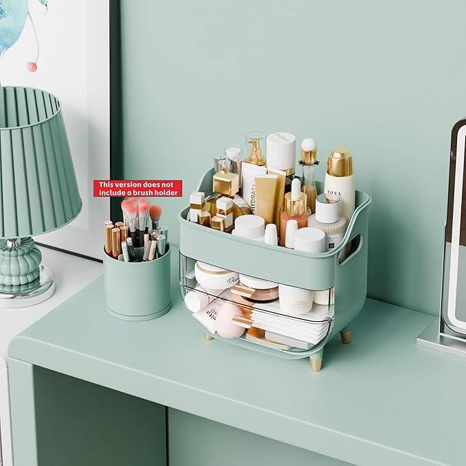 Yieach Countertop Makeup Organizers with Drawers and Handle,Large Cosmetic Organizer for Bathroom Vanity and Dressing,Green Cosmetic Display Cases for Hair Tool,Beauty Products,Skin Care Organizer