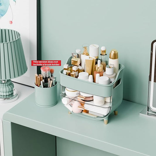 Yieach Countertop Makeup Organizers with Drawers and Handle,Large Cosmetic Organizer for Bathroom Vanity and Dressing,Green Cosmetic Display Cases for Hair Tool,Beauty Products,Skin Care Organizer