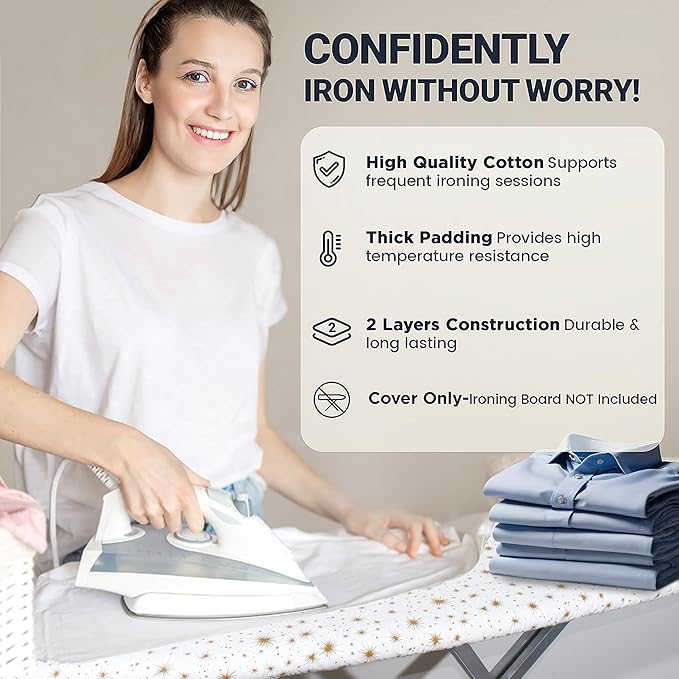 UniSimp Ironing Board Cover and Pad 15"x54" Extra Thick Natural Cotton, Scorch and Stain Resistant Padding, Standard Size Iron Board Cover with Fasteners Heavy Duty Elastic Edge, Heatproof Starlight