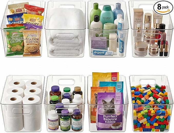 Hudgan Set of 8 Clear Plastic Storage Bins, 8 Large Storage Containers for Pantry Organizers, Home Edit, Kitchen Cabinet, Refrigerator, Under Sink Organization, Bathroom, Office