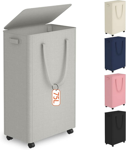 Slim Laundry Hamper with Wheels,20 Gal (75L) Rolling Laundry Basket with lid and wheels Clothes Hamper Foldable Tall Dirty Clothes Basket Sturdy Collapsible Clothes Hamper for Dorm,Laundry Room