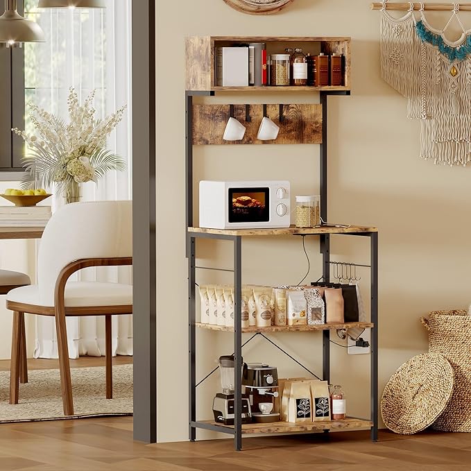 Baker's Rack for Kitchen with Outlet, Microwave Stand with Adjustable Shelves and 10 s Hooks, 6-Tier Coffee Bar Station with Storage, Kitchen Shelves for Spices, Pots
