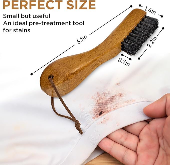 TAKAVU Laundry Stain Brush 1pcs, Soft Black Boar Bristles | Clothes Cleaning Scrubber, Stain Remover for Shirts, Collars, Cuffs & Shoes, Curved Beech Wood Handle with Hanging Loop