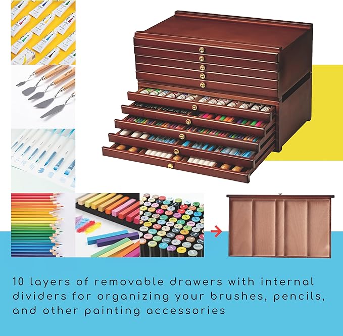MEEDEN 10-Drawer Wood Artist Supply Storage Box, Portable Beechwood Multifunctional Pencil Brush Organizer Wood Box with Drawer&Compartments for Pastels, Pencils, Pens, Makeup Brushes(Deep Walnut)