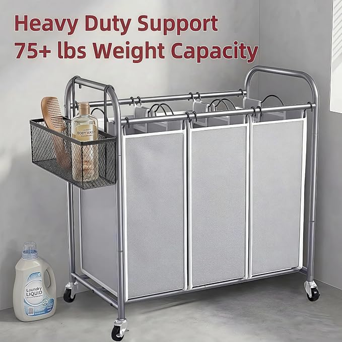 ROMOON Laundry Sorter Hamper 3 Section, Divided Laundry Basket Organizer | Rolling Clothes Hamper with Heavy Duty Lockable Wheels and Removable Bags for Apartment, Dorm & Family, 135L, Neutral Gray