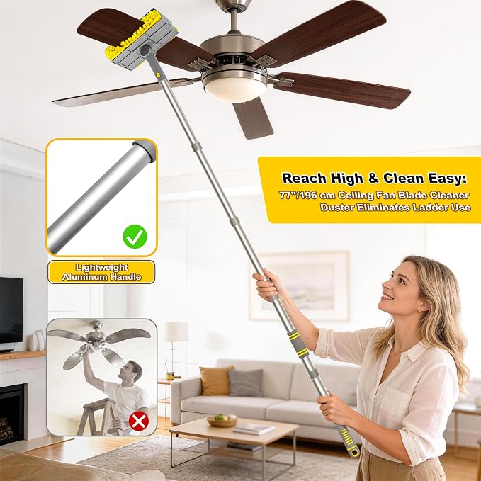 JEHONN 77” Ceiling Fan Cleaner Duster with Extra Bendable Chenille Dust Cleaning Tool, Detachable Washable Mop for Baseboard, Blinds, Walls, Floors & Car Interiors (Yellow)