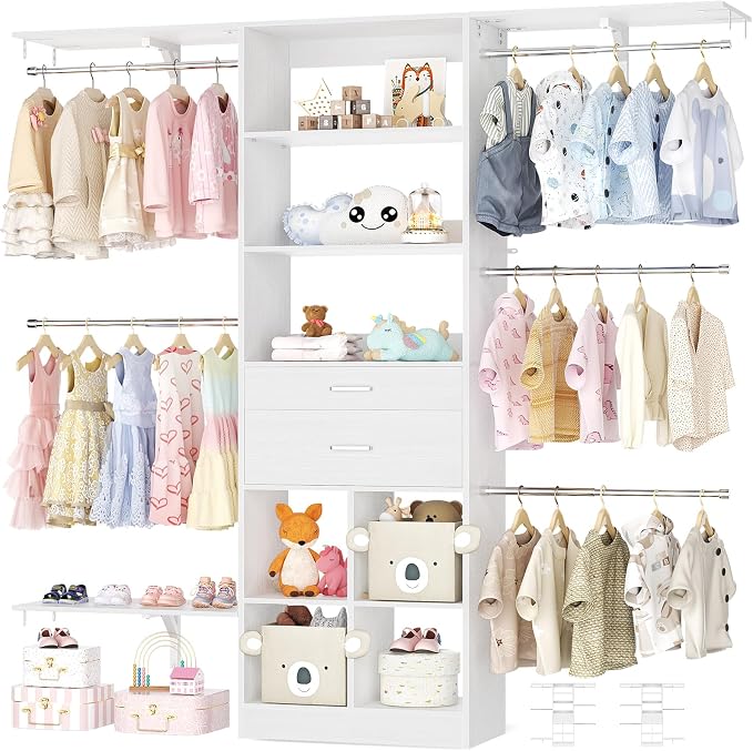 5FT Small Closet System, Baby Closet Organizer System with Wooden Drawers, 60 Inches Walk In Closet System With 5 Hanging Rods and 3 Reversible Hanging Shelving, White