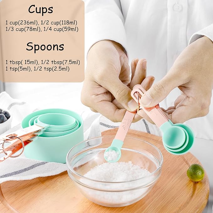 Rose Gold Stainless Steel Handle Measuring Cups and Spoons Set, 8 Piece Stackable Accurate Tablespoon for Measuring Dry and Liquid Ingredients Small Teaspoon with Plastic Head (Grey)
