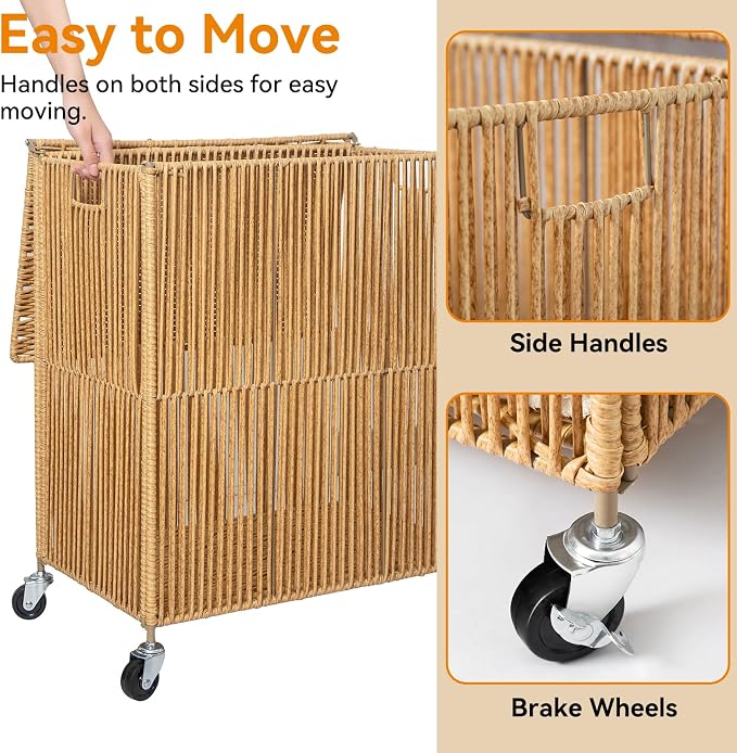 WOWLIVE Rolling Laundry Basket Wheels, Handwoven Laundry Hamper with Lid | Double Clothes Hamper with Divided Removable Bag, 115L Large Laundry Sorter 2 Section, Laundry Room Organization, Natural