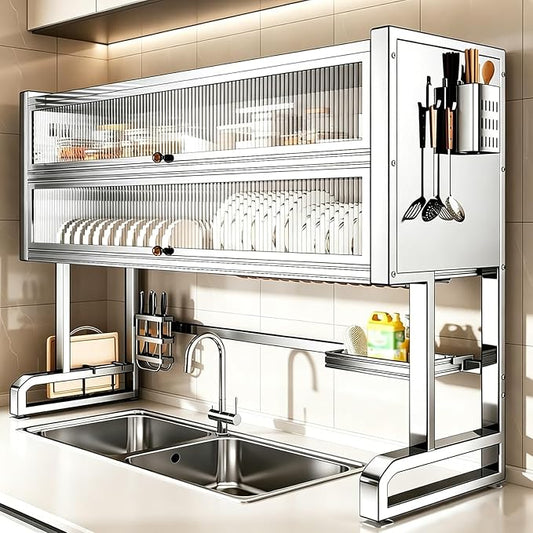 2 Layer Over The Sink Dish Rack with Cabinet Doors, 304 Stainless Steel Dish Drying Rack Over The Sink, Dustproof and Rustproof, Can Store Bowls, Plates, and Knives(77cm/30in)