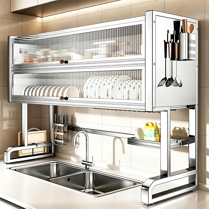 2 Layer Over The Sink Dish Rack with Cabinet Doors, 304 Stainless Steel Dish Drying Rack Over The Sink, Dustproof and Rustproof, Can Store Bowls, Plates, and Knives(87cm/34in)