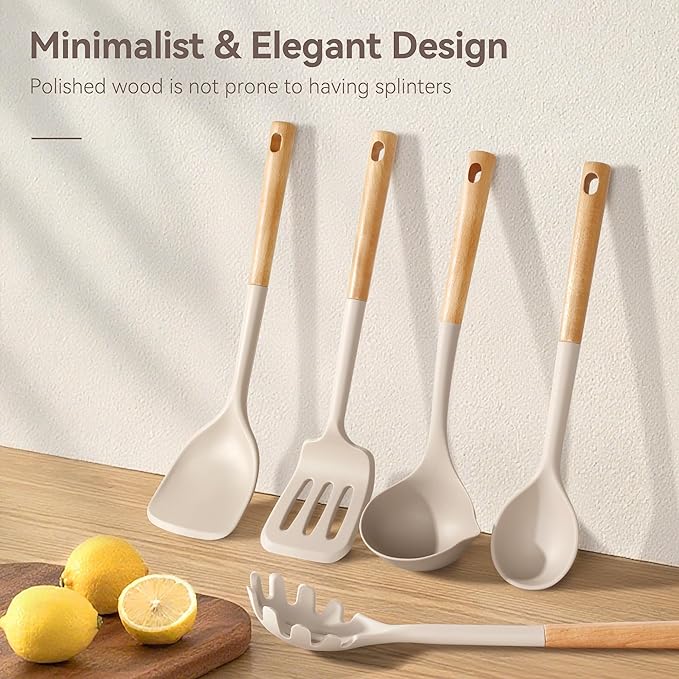 NCUE Kitchen Utensils Set, Large Non-stick Silicone Cooking Utensils Set 6 Pcs, Wooden Handle Heat Resistance Silicone Spatula Soup Ladle Pasta Server Kitchen Gadgets Utensils Set BPA Free (Khaki)