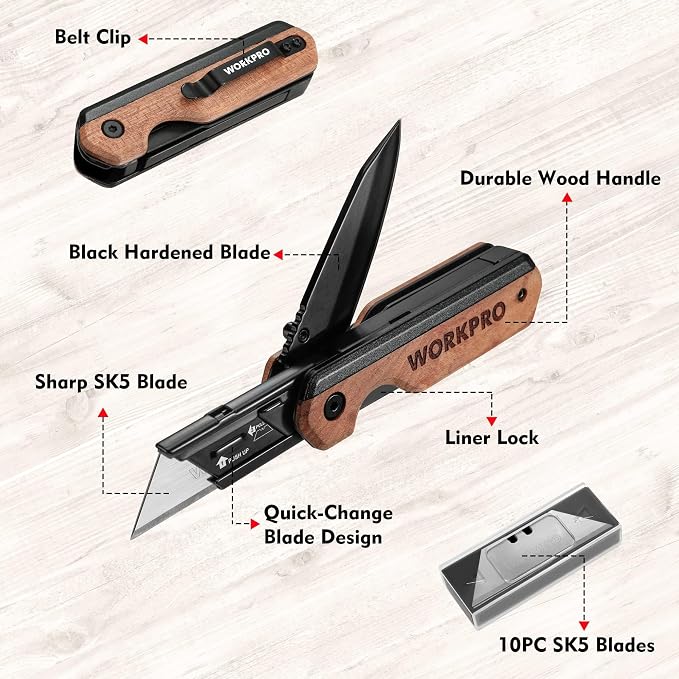 WORKPRO 2-in-1 Folding Knife/Utility Knife, Wood Handle | Quick-Change Box Cutter, Liner Lock, Belt Clip, 10 SK5 Blades, Carton Cutting, Camping, Hiking, DIY Projects