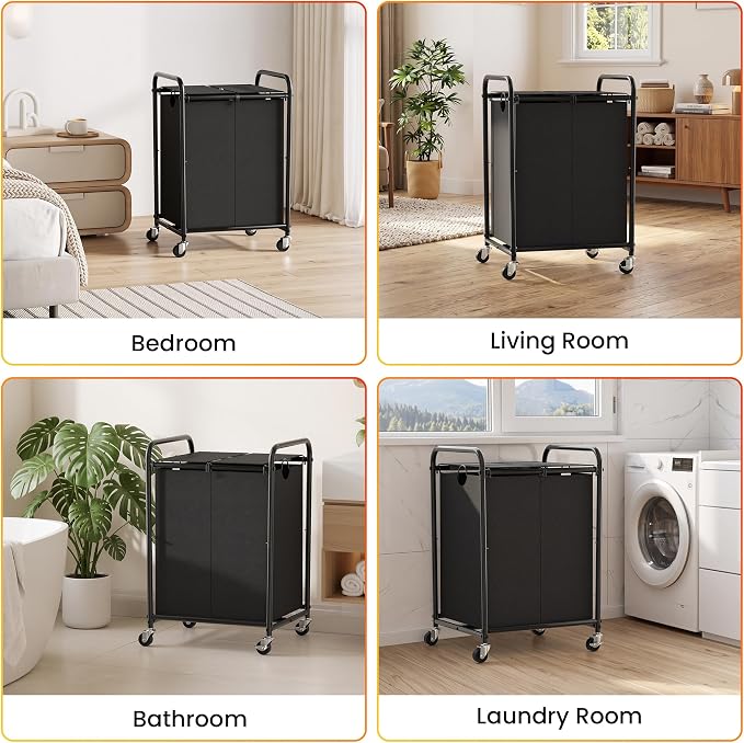 120L Laundry Sorter 2 Section, Rolling Laundry Basket with Wheels ＆ Lid | 31.7 Gal Laundry Hamper, 2 Separated Removable Bags, Lockable Wheels, Dirty Clothes Hamper for Laundry Room, Bedroom, Black