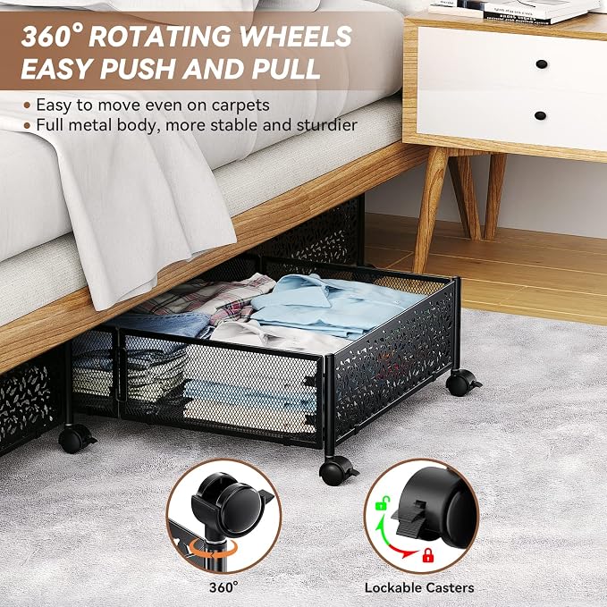 PHINOX Under Bed Storage with Wheels,Patterned,Sturdy Metal,4 Pack,Black | Tool-free assembly, glide smoothly, easy reach, foldable, maxmazie low-profile beds, dorm, keep seasonal clothes, shoes fresh