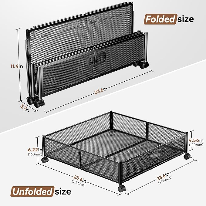 PHINOX Under Bed Storage with Wheels & Handle,Metal,Large,2 Pack,Black | Tool-free assembly, glide smoothly, easy reach, foldable, maxmazie low-profile beds, dorm, keep seasonal clothes, shoes fresh