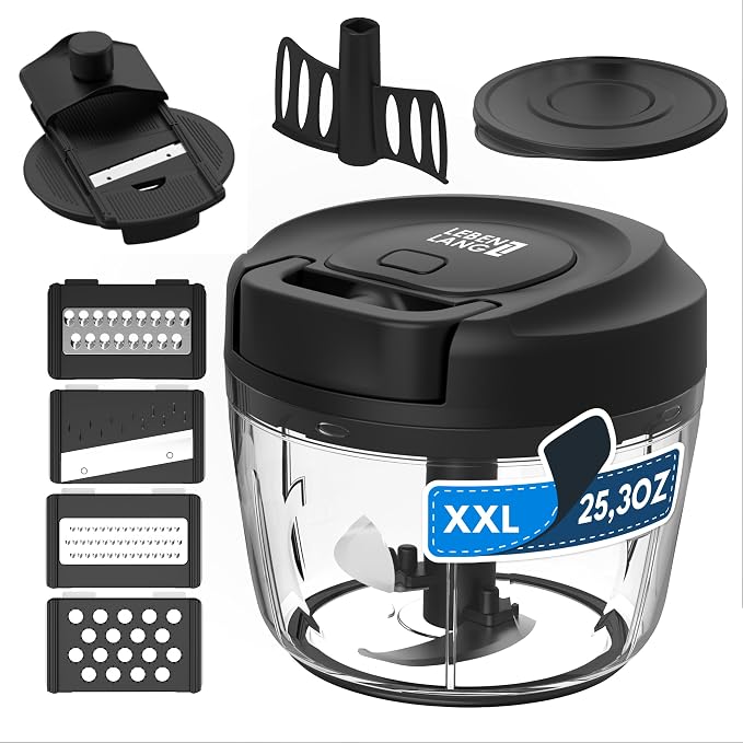 LEBENLANG Manual Food Processor & Onion Chopper - 26 OZ incl. Useful Acessory I BPA-Free I Manual Food Chopper with pull string for garlic & veggie chop I Food mincer vegetable cutter hand pull held