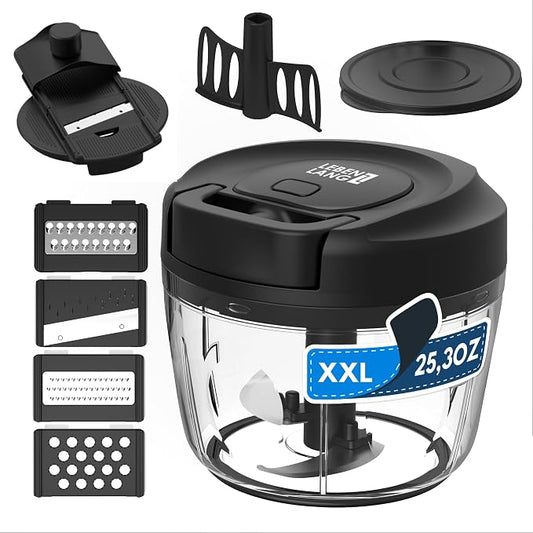 LEBENLANG Manual Food Processor & Onion Chopper - 26 OZ incl. Useful Acessory I BPA-Free I Manual Food Chopper with pull string for garlic & veggie chop I Food mincer vegetable cutter hand pull held