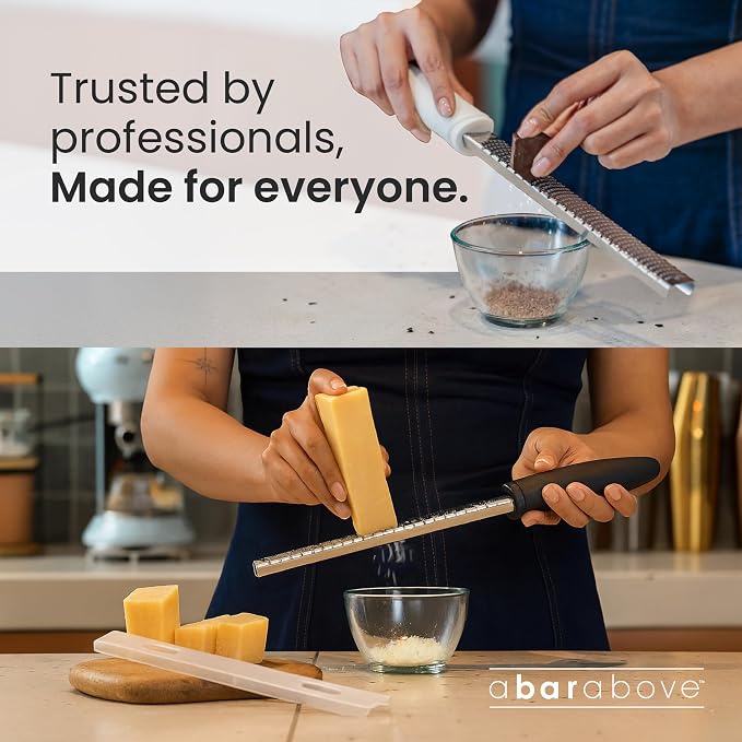 A Bar Above Lemon Zester and Cheese Grater, Professional 12 Inch Stainless Steel Hand Grater for Citrus, Parmesan, Ginger, Chocolate, Ergonomic Handle, Dishwasher Safe, Perfect Kitchen Gadget, White