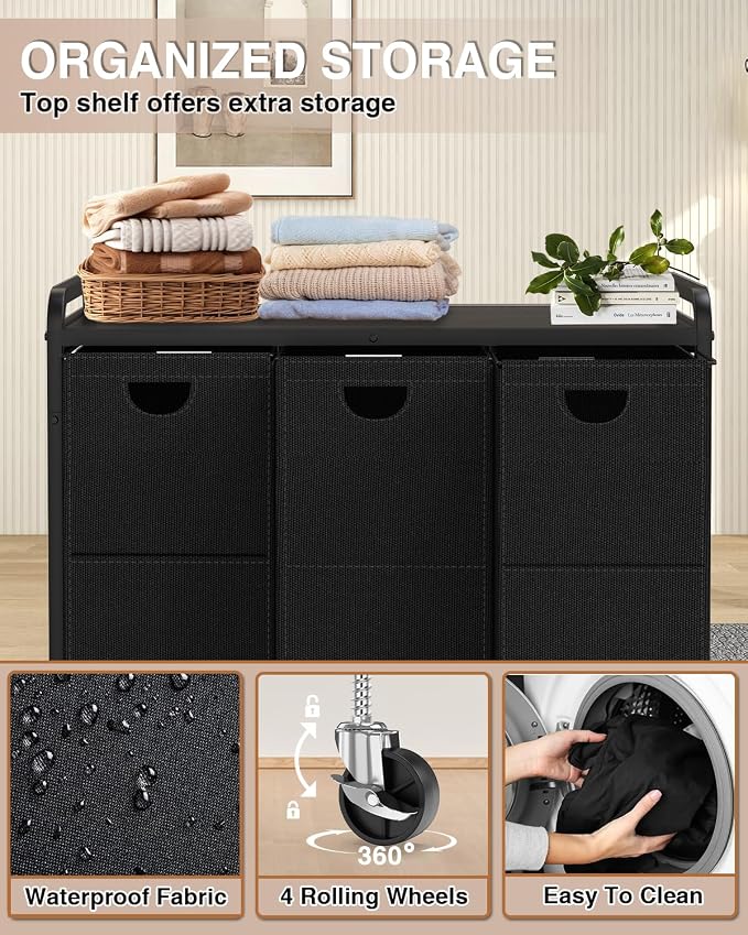 Laundry Sorter 3 Section,Laundry Basket with Wheels,3×15.8 Gal (60L) Black | Laundry Room Organization with Wooden Desktop Shelf,Pull-Out and Removable 900D Oxford Fabric Laundry Bags for Laundry Room