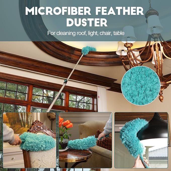TelesPro 36 Foot High-Reach Duster Kit with 7-30FT Extendable Pole - High Ceiling Duster Cleaning Kit with Telescopic Pole,Cobweb Duster, Chenille Ceiling Fan Duster, Microfiber Feather Duster