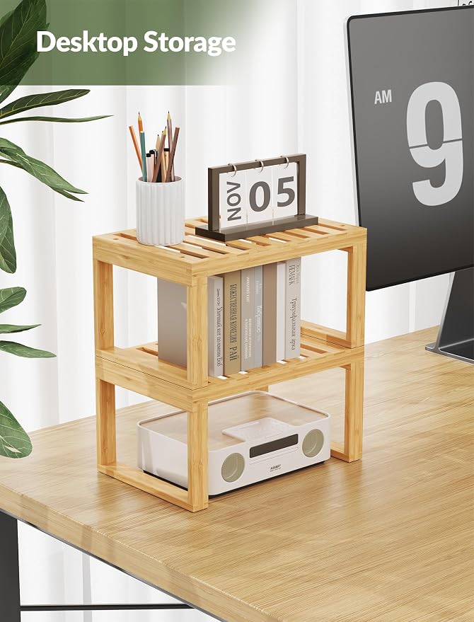 Tomorotec Bamboo Cabinet Organizer Shelf, 2 Pack Stackable Kitchen Counter | Slatted Drainage Top Prevents Water Buildup For Wet Dishes and Bathroom Use Eco Friendly Material Easy Assembly