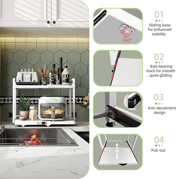NETEL 2 Tier Expandable Microwave Stand countertop,Microwave Oven Rack | Pull-Out Microwave Shelf, storage shelves for pans &appliances,Adjustable partition height，8 Hooks,55lbs max load,White