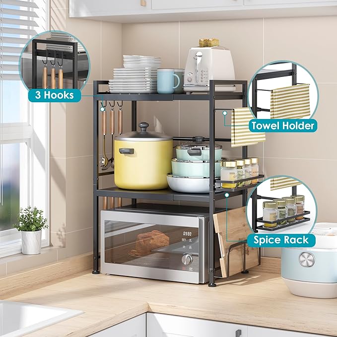 DOLALIKE Microwave Oven Rack, Expandable Microwave Stand Countertop Kitchen Utensils Tableware Storage, Carbon Steel Over Microwave Shelf Countertop with 6 Hooks | Adjustable Microwave Oven Rack Metal Storage Shelf for Pans Small Appliances Kitchen Ute...