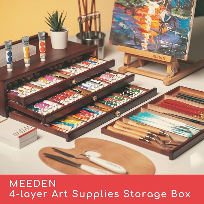 MEEDEN 4-Drawer Wood Artist Supply Storage Box, Portable Beechwood Multifunctional Pencil Brush Organizer Wood Box with Drawer&Compartments for Pastels, Pencils, Pens, Makeup Brushes(Deep Walnut)