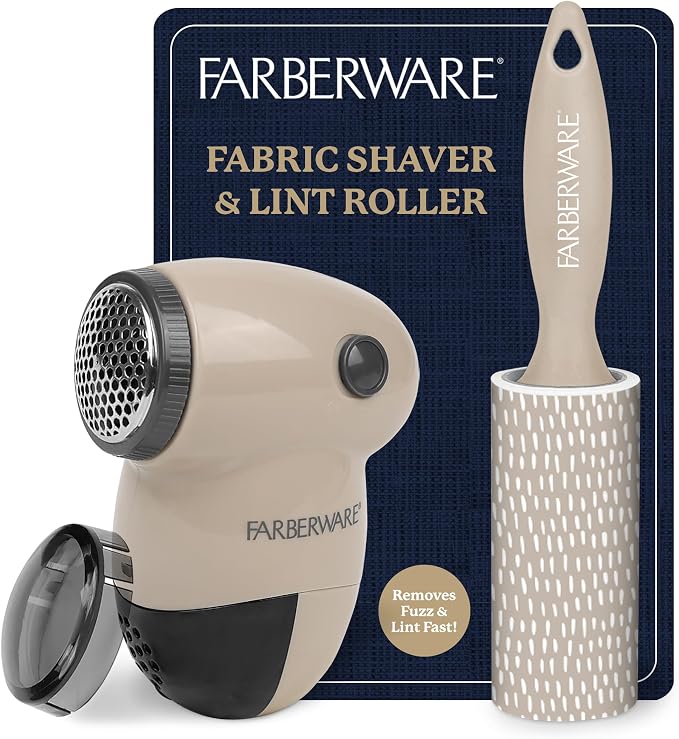 Farberware Fabric Shaver & Lint Roller Set, Small, Portable | Sticky sheets lift pet hair and dust, triple-blade design restores fabrics to like-new condition, for clothing and bedding