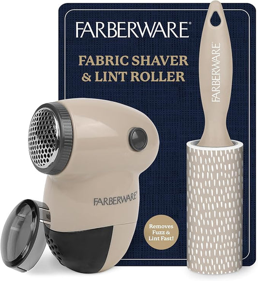 Farberware Fabric Shaver & Lint Roller Set, Small, Portable | Sticky sheets lift pet hair and dust, triple-blade design restores fabrics to like-new condition, for clothing and bedding