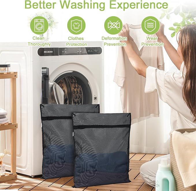 OTraki 2 Pack Durable Laundry Bags with Zipper 20 x 24 Inch, Black | Breathable Mesh Delicates Bag for Washing Machine Travel Large Wash Bags for Bra Sock Underwear Lingerie Blouse, Don't Drying
