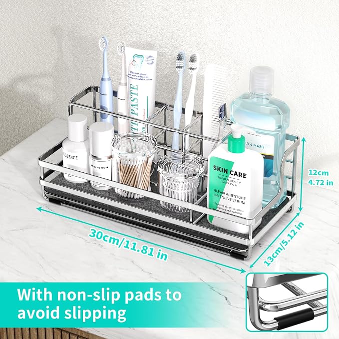 HapiRm Toothbrush Holders for Bathroom - 5 Partitions Bathroom Counter Organizer with Instant Drying Stone, Stainless Steel Countertop Storage Electric Toothbrush Toothpaste Holder - Silver(Large)