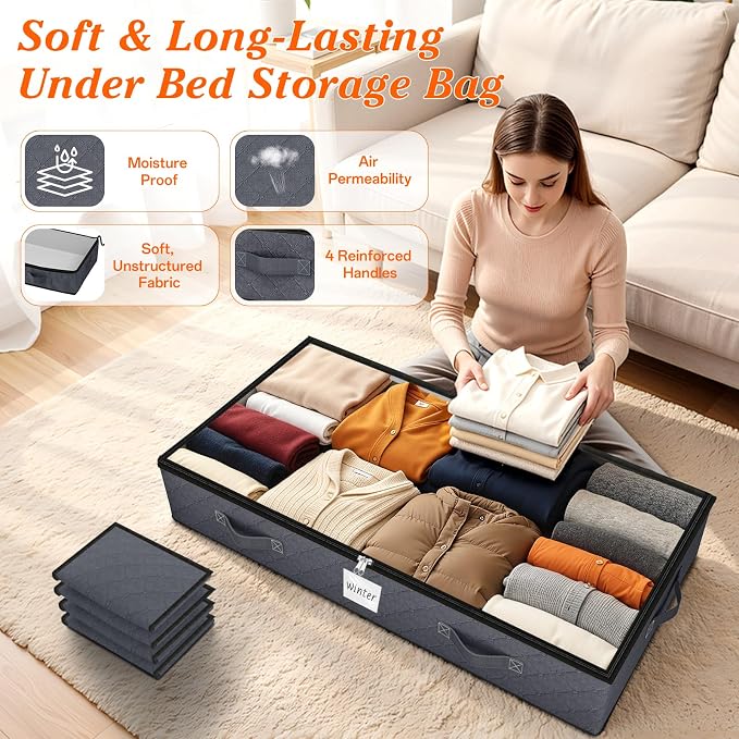 90L Under Bed Storage Containers, Storage Bags, Organizers, 8-Pack, Gray | Foldable, Soft Fabric, Closet Organizers, Reinforced Handle, Label Holder, Clear Window, for Comforters, Clothing, Blankets