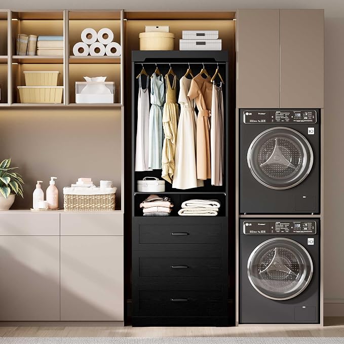 IRONCK Freestanding Closet System with 3 Wood Drawers, Modern Armoire Wardrobe with Adjustable Shelves & Hanging Rod, Walk-in Closet Systems Organizer for Small Closet, Black