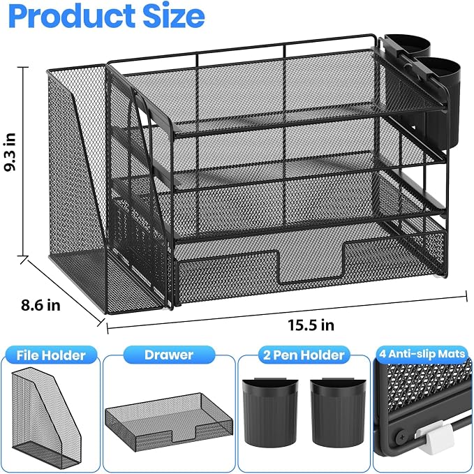 OPNICE Desk Organizer, 4-Tier Desktop File Organizer with Drawer and Pen Holders, Office Desk Accessories, File Sorters, Workspace Organizers for Office Supplies(Black 2-Pack)