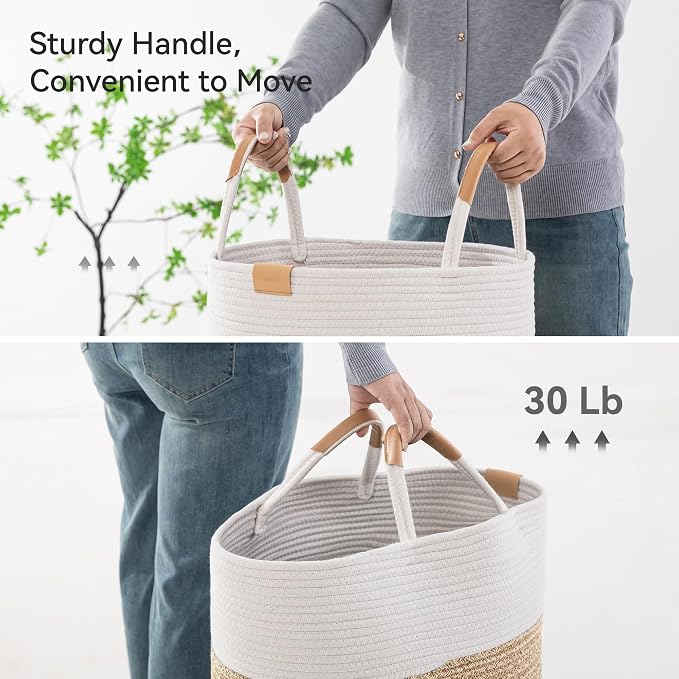 Nunsino 75L Striped Laundry Hamper with Leather Handles,Large Foldable Laundry Basket for Clothes,Cotton Rope Storage Bin for Blankets,Woven Clothes Basket for Bedroom,Beige Stripes