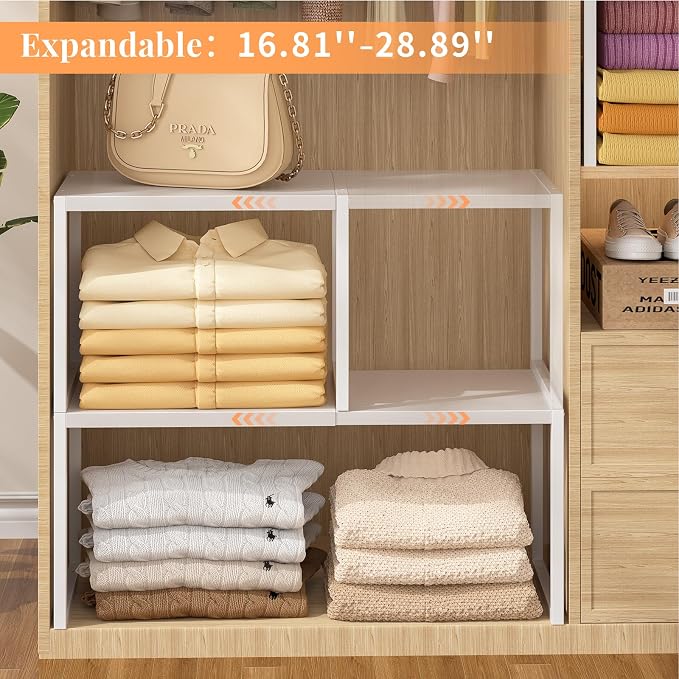 ThreeHio 2 Pack Stackable Closet Organizers and Storage Shelves, Expandable Metal Clothing Shelf, Adjustable Shelving Unit for Cabinet Wardrobe, Kitchen, Pantry, Sweater Clothes Cube Storage Organizer