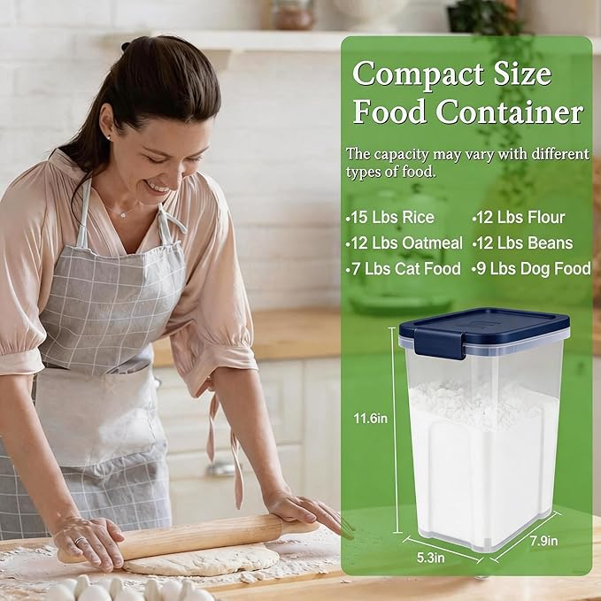 Tight-Lock Rice Container 10-15 Lbs - Airtight Flour Container with Scoop - Plastic Food Storage Container for Cereal, Sugar - Dry Food Dispenser for Kitchen, Pantry Organizers and Storage - Dark Blue