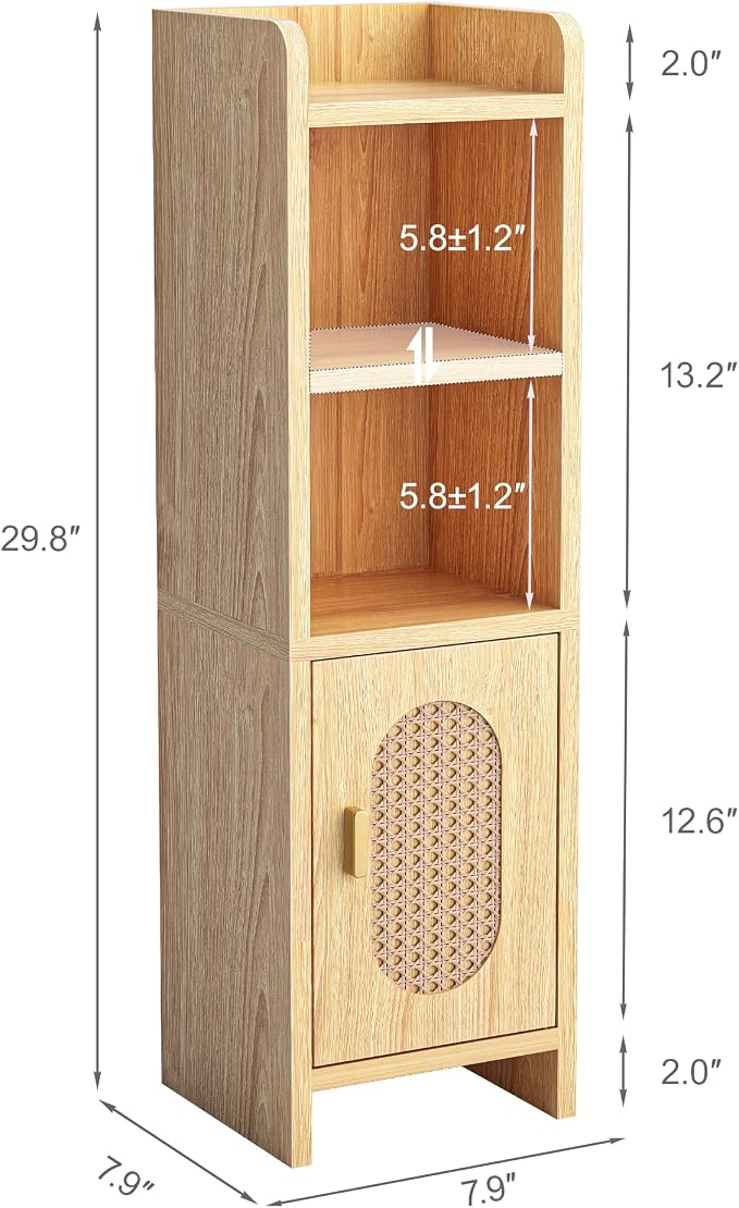 Small Bathroom Storage Cabinet, Narrow and Slim Storage Cabinet with Rattan Door and Adjustable Shelves, Corner Floor Bathroom Organizers and Storage for Small Space, Natural HSC001N