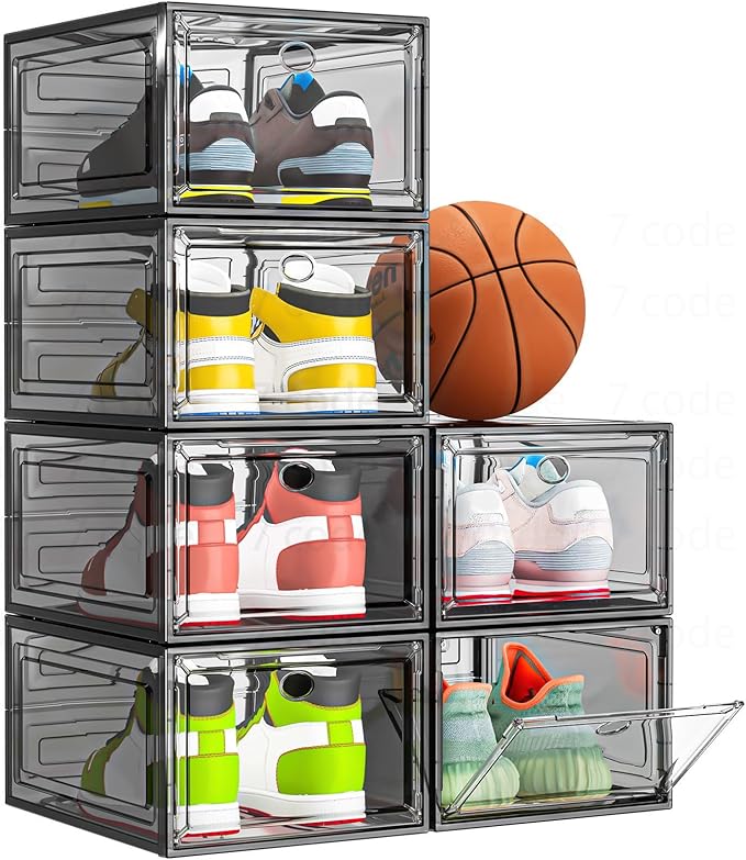 7 code Thicken & Sturdy Clear Shoe Storage Organizer with Magnetic Door, Stackable Boxes for Closet, Foldable Shoe Rack for Sneaker Boot Container, Plastic Shoe Cabinet Shoe Box 6 Pack, Black | Thick Plastic Shoe Storage for Sneakers & Boots, Collapsib...