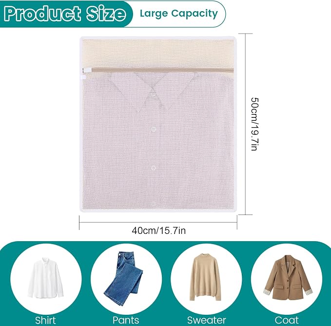 4 Pack Durable Cotton Mesh Laundry Bags for Delicates - 16×20inch Laundry Bags Mesh Wash Bags with Sturdy Zipper for Underwear Bras Socks Clothes Storage Natural Cotton Washing Machine Safe