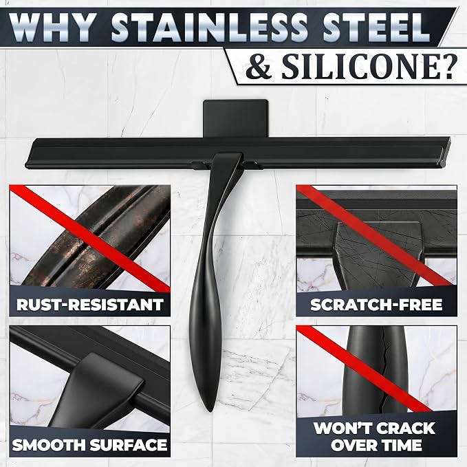 14 Inch Shower Door Squeegee - Black Shower Squeegee for Streak-Free Bathroom Glass - Stainless Steel Cleaner with Silicone Blade, Adhesive & Hanging Hooks for Mirror, Tile, Window, Car, Everyday Use