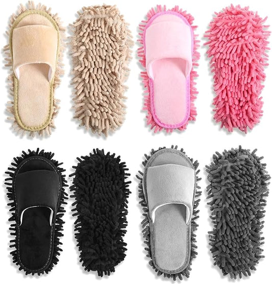 4-Pair Washable Microfiber Cleaning Mop Slippers, Unisex Dusting Slippers with Detachable Design for Effortless Floor Cleaning (Medium, Black, Beige, Pink, Gray)